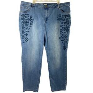 LOGO Lori Goldstein Womens Jeans Size 24W Denim Blue Embroidered Front Legs Boho